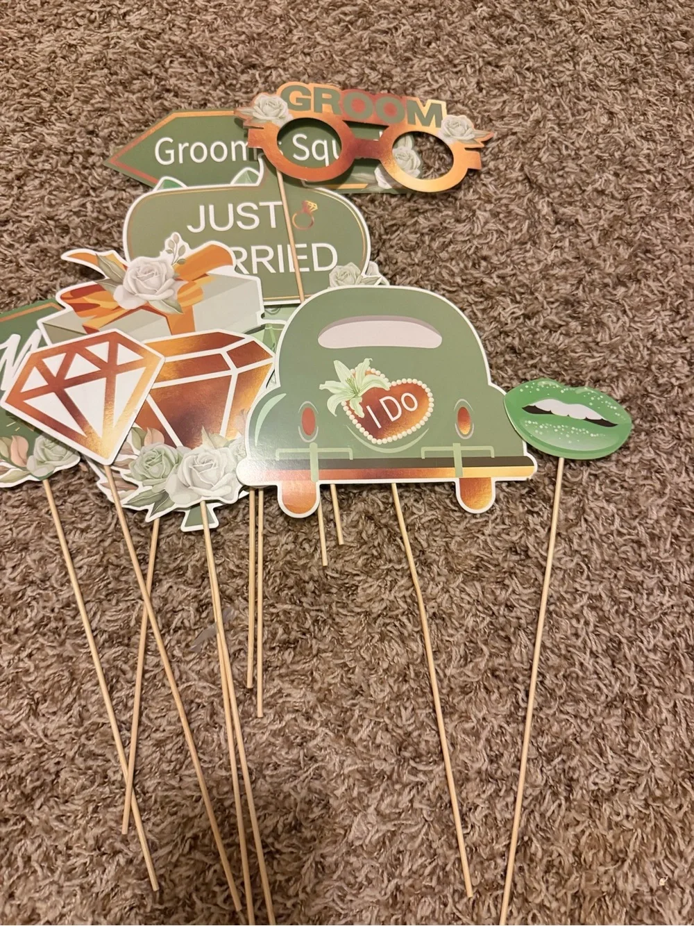 Wedding Photo Booth Props - Green Just Married Party Signs